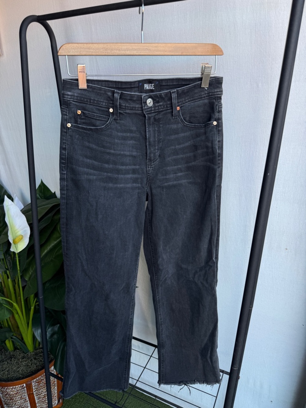 PAIGE “Nellie” Black Straight Leg Jeans with Raw Hem / Size 26